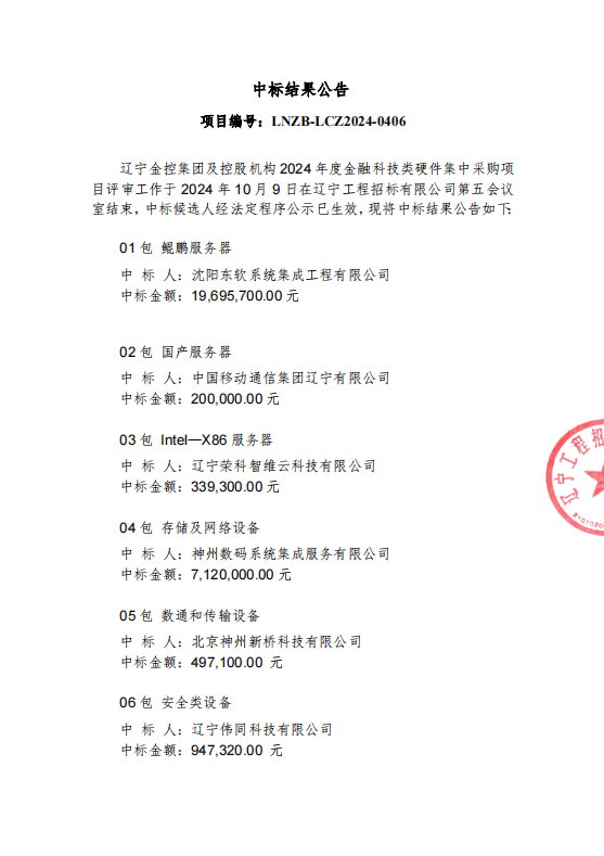 遼寧金控集團(tuán)及控股機(jī)構(gòu)2024年度金融科技類硬件集中采購(gòu)項(xiàng)目結(jié)果公告